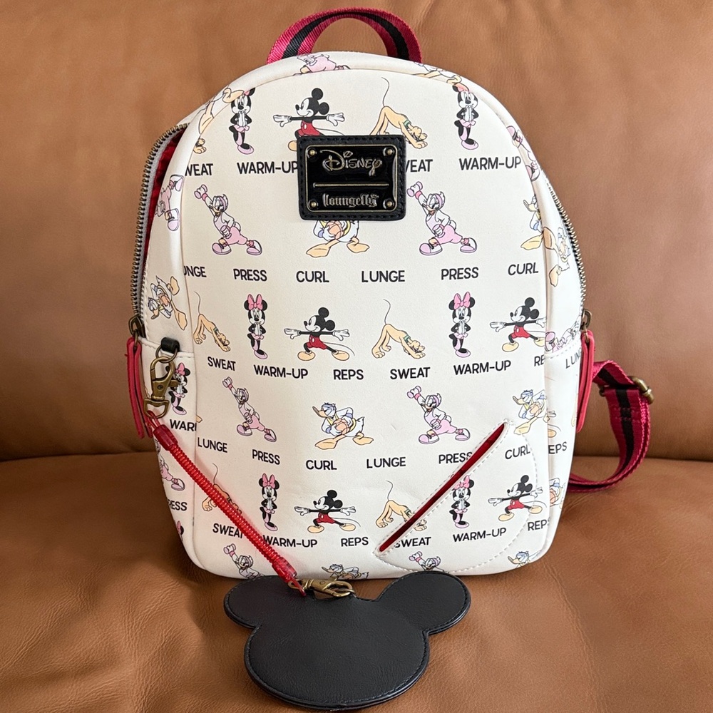 Loungefly Disney Cream Backpack with Pink & Red workout - classic Mickey Print